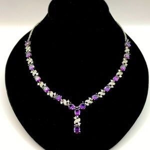 Elegant Silver-Tone and Faceted Purple Gems Bridal Collar Necklace